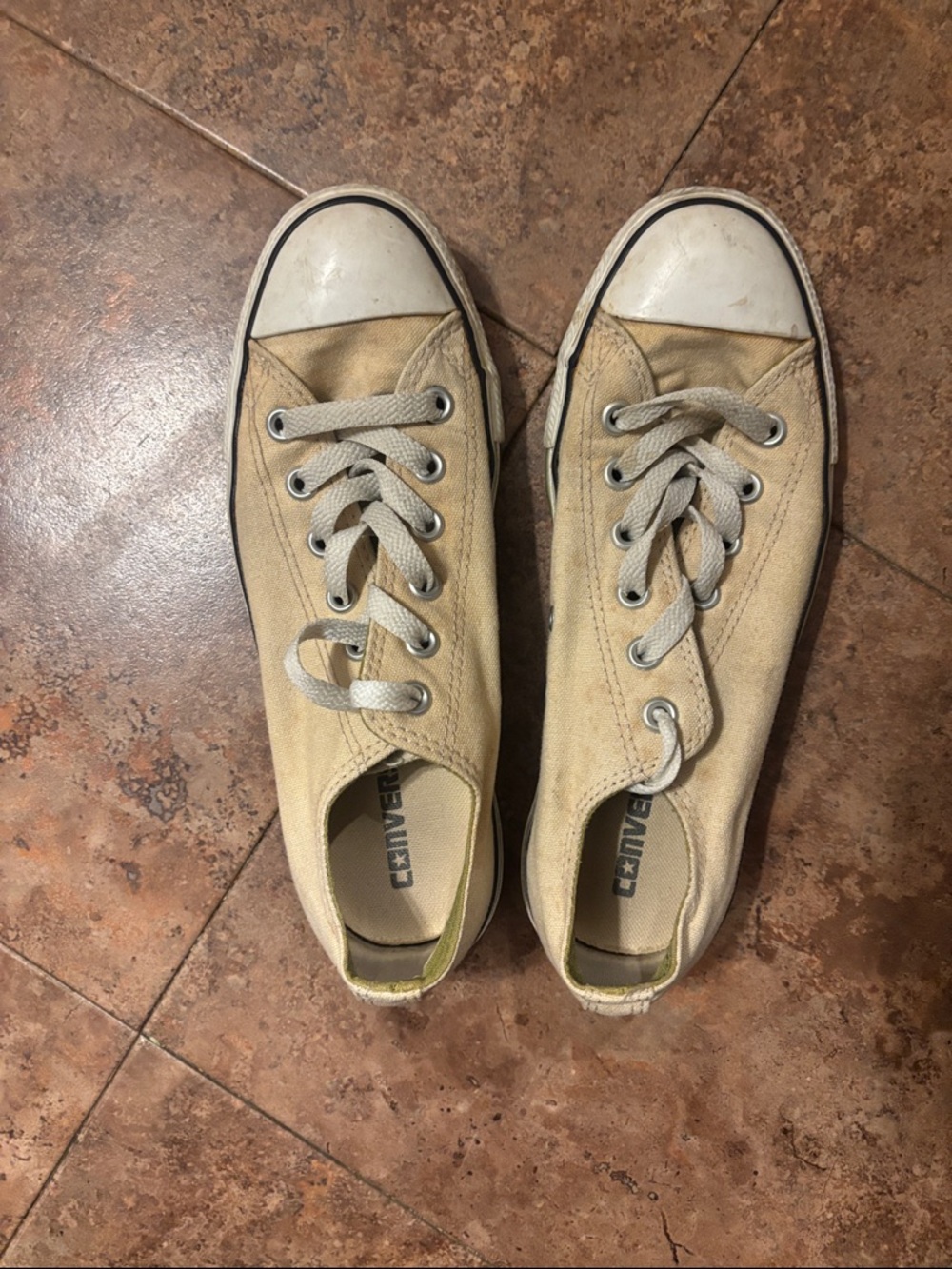 *Double-Tongued* Beige Canvas Low-Top Converse Sneakers with White Toe Caps.